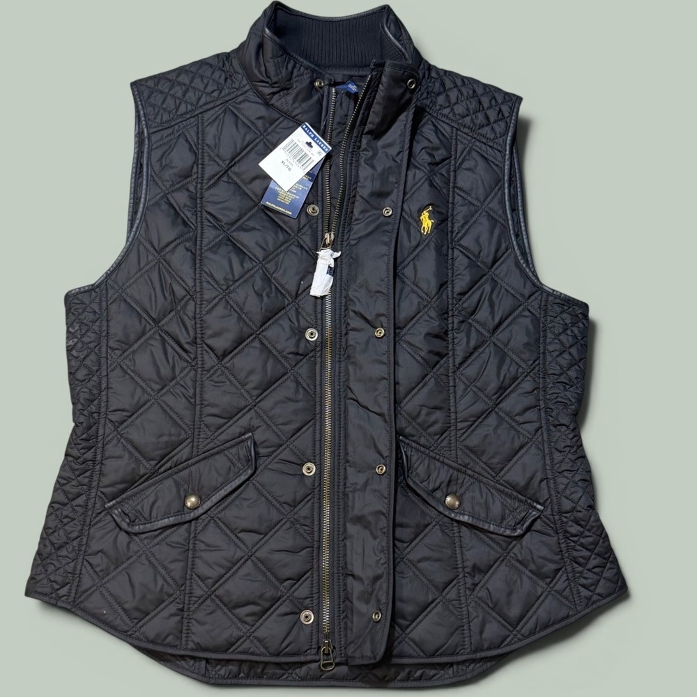 NWT Polo Ralph Lauren Womens Quilted Vestw Black XL Yellow  Diamond Quilt